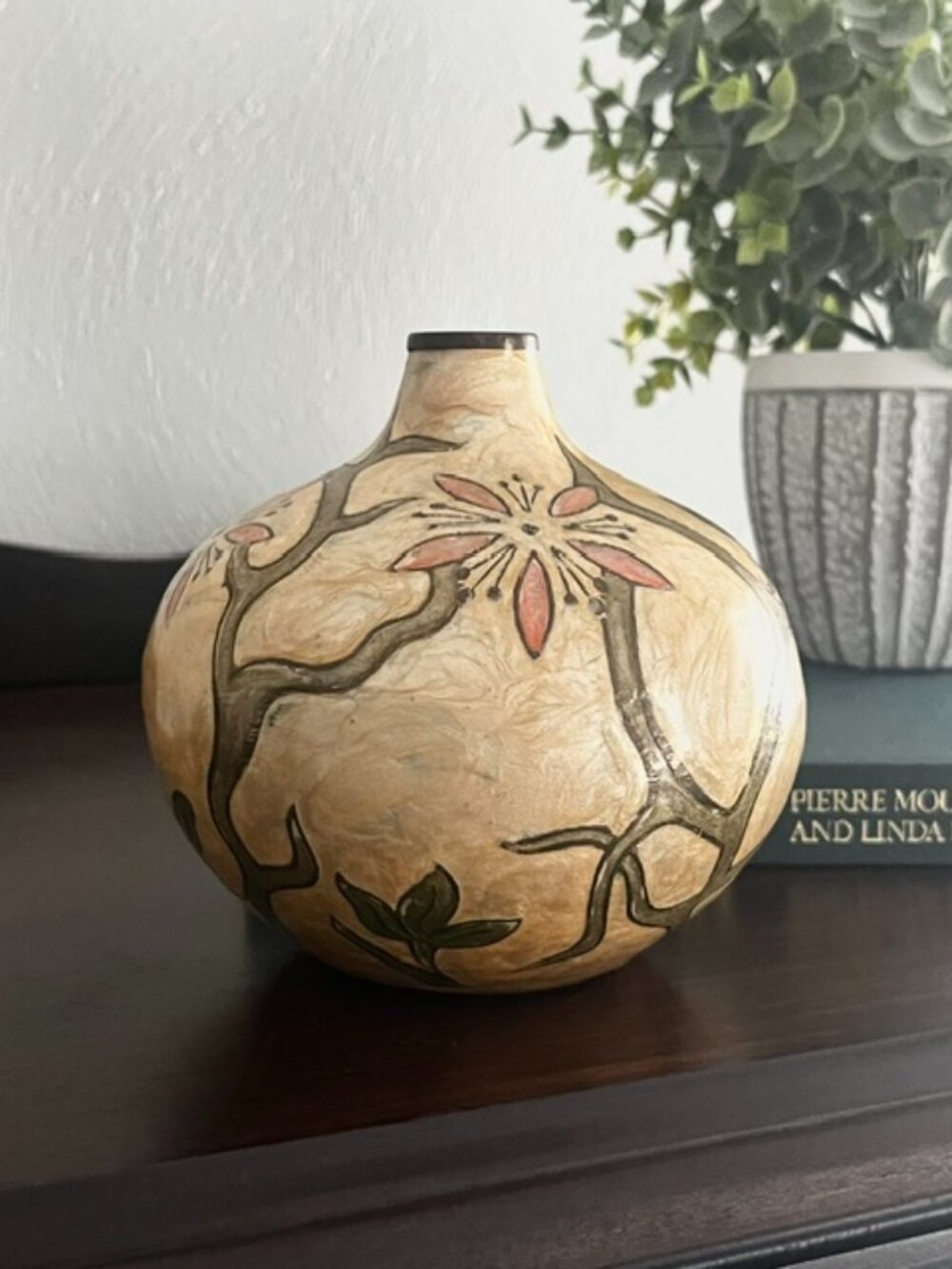 Brass Vase Enamel Overlay Floral Vine Design Metal Pink Green